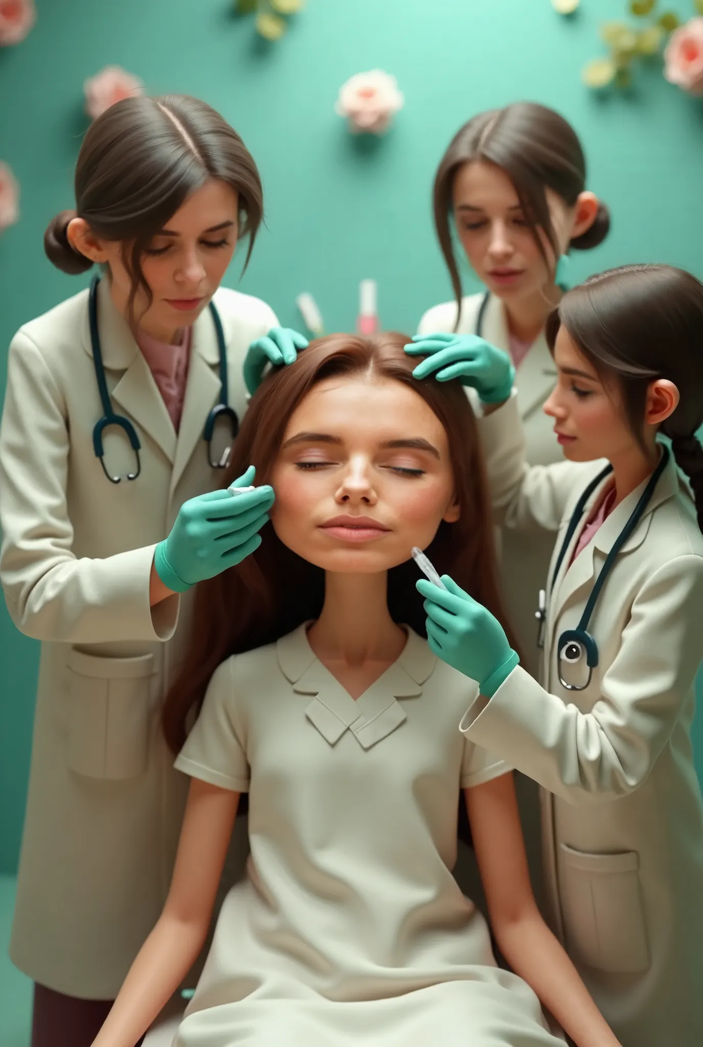 Create a video in which little doctors dressed in robes will inject Botox to a girl