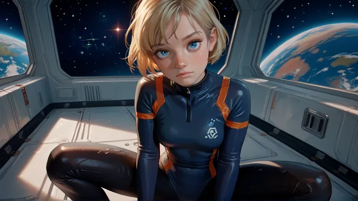 deep blue eyes, blonde, sexy face, pov, short hair, skinny, medium breasts, space base, girl sitting,  wetsuit, sci-fi style,