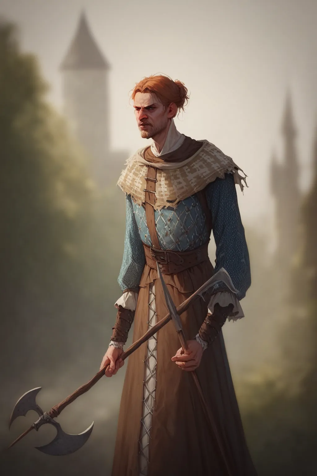   DND peasant in medieval cheap ripped clothes with pitchforks,   man,  portrait, (very blurred background). 