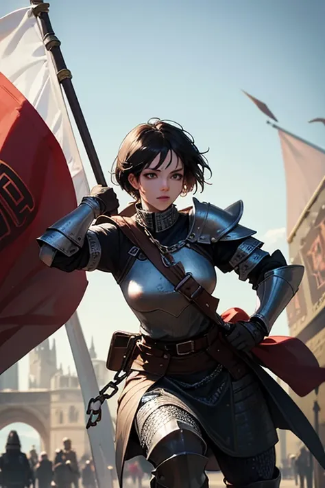 super realistic, photorealistic,  dramatic scene , high, well-built , physically strong,  black-haired , short hair, a black-eyed and very beautiful girl in medieval armor with chain mail with a banner and a sword in her hands, dynamics,  movement, wind
