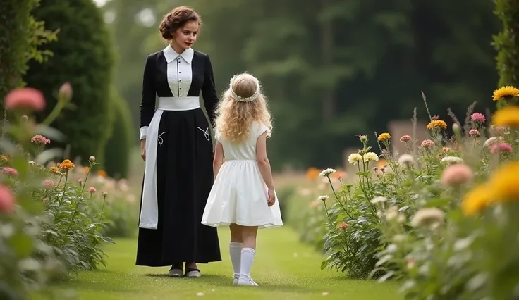 England, Summer of 1902, Edwardian time. The camera pans across the beautifully maintained garden, showing Lady Rose is seven years old girl with platinum blonde wavy hair and very long passes her waist and bright blue eyes. 1. She is picking flowers dress...