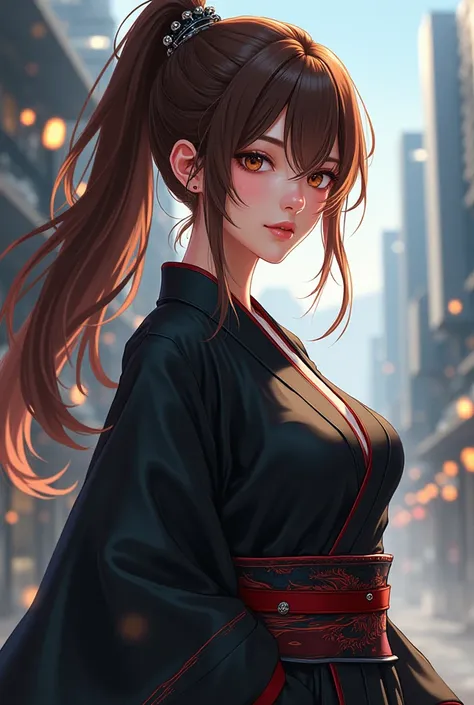 Modern anime theme. Make a Samora with long brown hair tied together,  brown eyes ,  And a black Ki-moon 