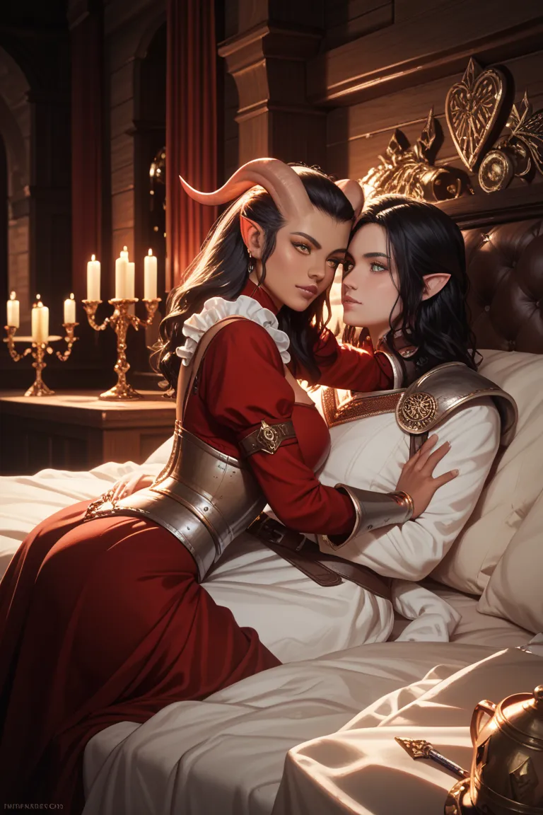 Black haired man knight and man red tiefling on bed 