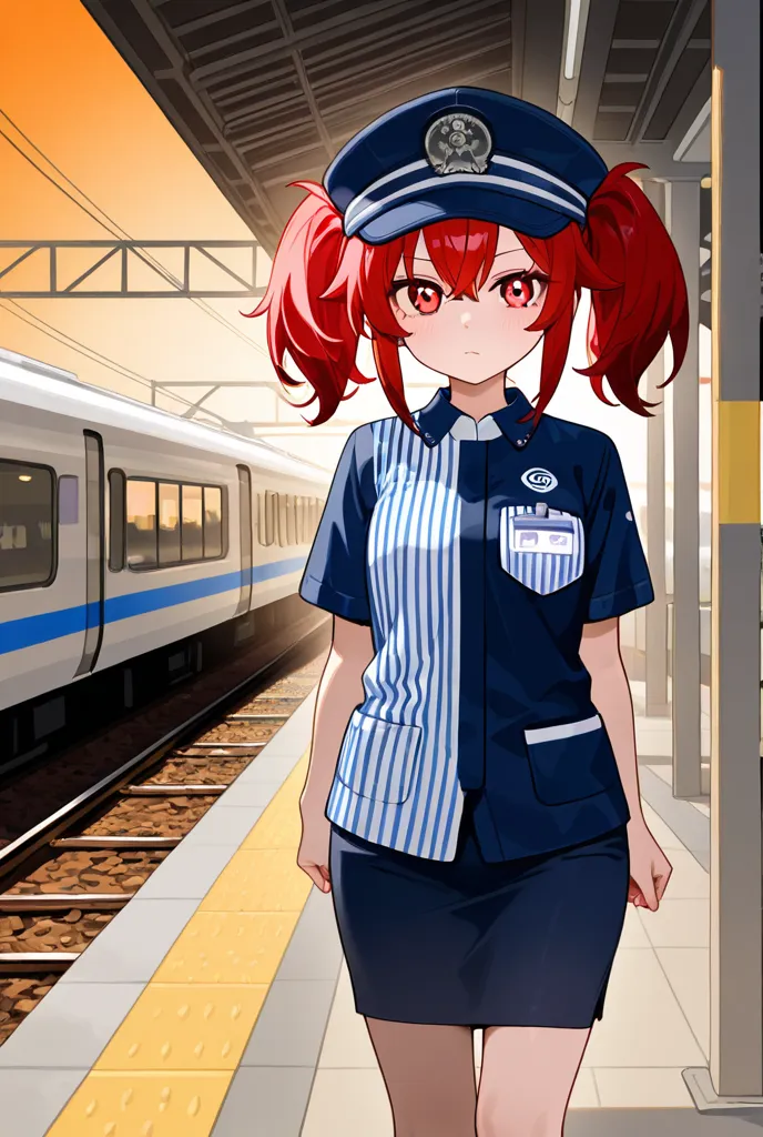 1girl, One, red hair, red eyes,  double ponytails , employee uniform, pencil skirt, skull print ,  naval cap , orange sky,, outdoor,  railway station,  standing in front of a bus ,, 