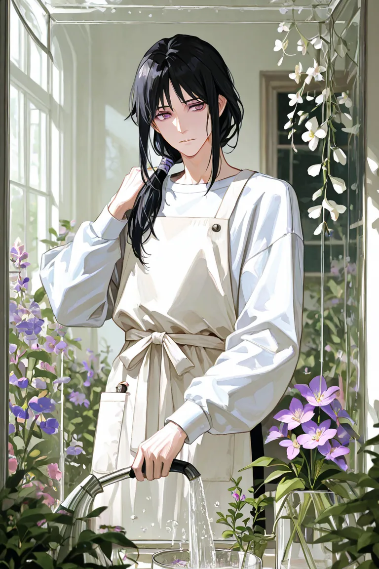 man with long black hair tied to left side of his shoulder, has a purple eyes, warning a white long sleeve shirt with an apron, standing in a glass house filled with flowers, watering an orchid flower, sketchy, dream aesthetic.