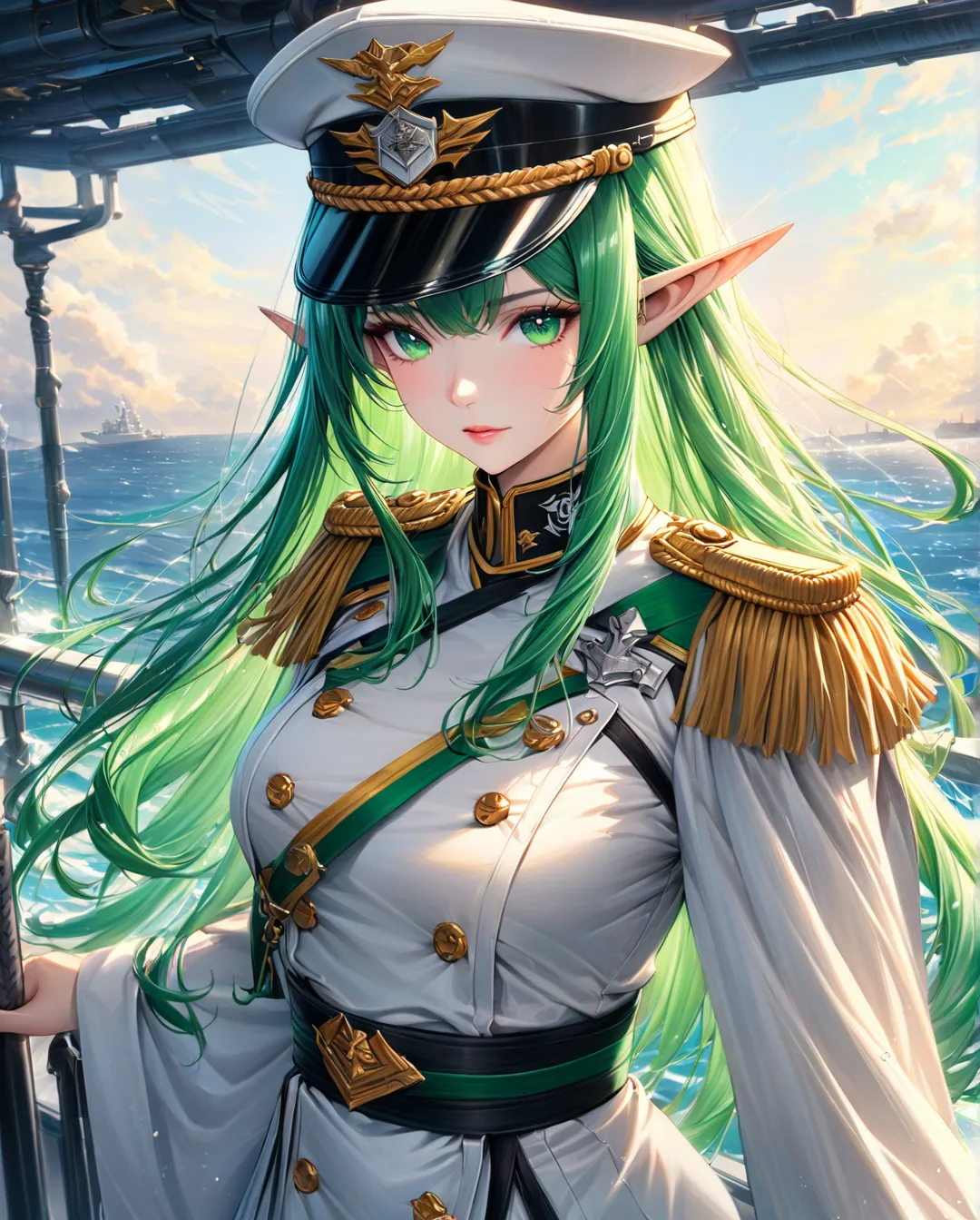 (( style:Colored pencil, Light color)), ( masterpiece:1.2), (Ultra-detailed, best quality), A stunning anime-style elf girl with long, flowing green hair and mesmerizing green eyes, wearing an elegant white military uniform. The uniform is highly detailed,...