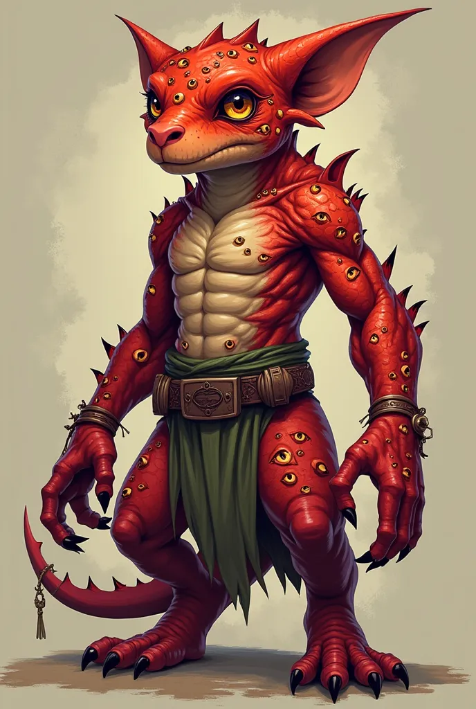 Make an adult Kobold and arcanist RPG in a more cartoon-like art style,  but with the following additional features: body covered with red scales... and dozens of eyes scattered across their arms, chest and face. with a neutral-colored 