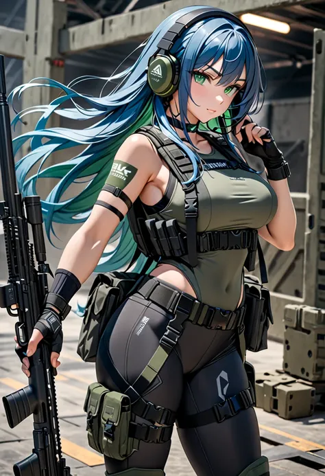 close up, holding rifle, blue hair, long hair, green eyes, big chest, green pain, Headset, Grey Tactical clothes, Military clothes, fingerless gloves, black spandex under clothes, body harness, Looking at viewer, choker, full body, side view, 8K Ultra High...