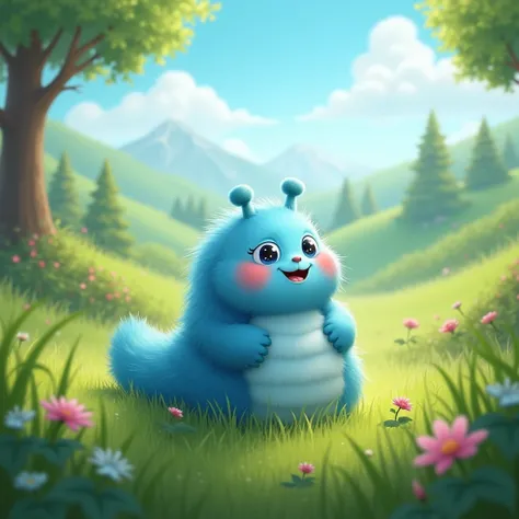 A fluffy blue caterpillar smiling in a green grass and a beautiful landscape 