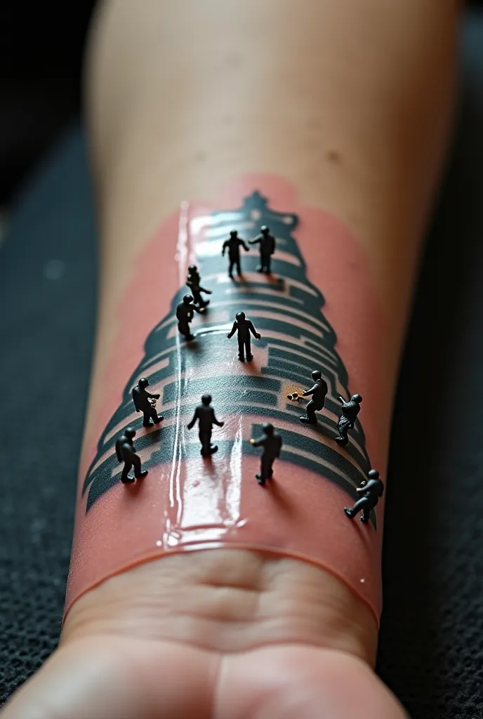 
"A close-up view of a tattooed arm where tiny miniature figures are carefully applying a transparent protective bandage over the freshly completed tattoo. The tattoo remains the same pyramid design from the second image, ensuring consistency. Some tiny wo...