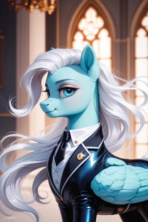 A pony , mlp style ,cyan body , stylish long white mane over the eyes in a stylish suit, pegasus , female  , glass 