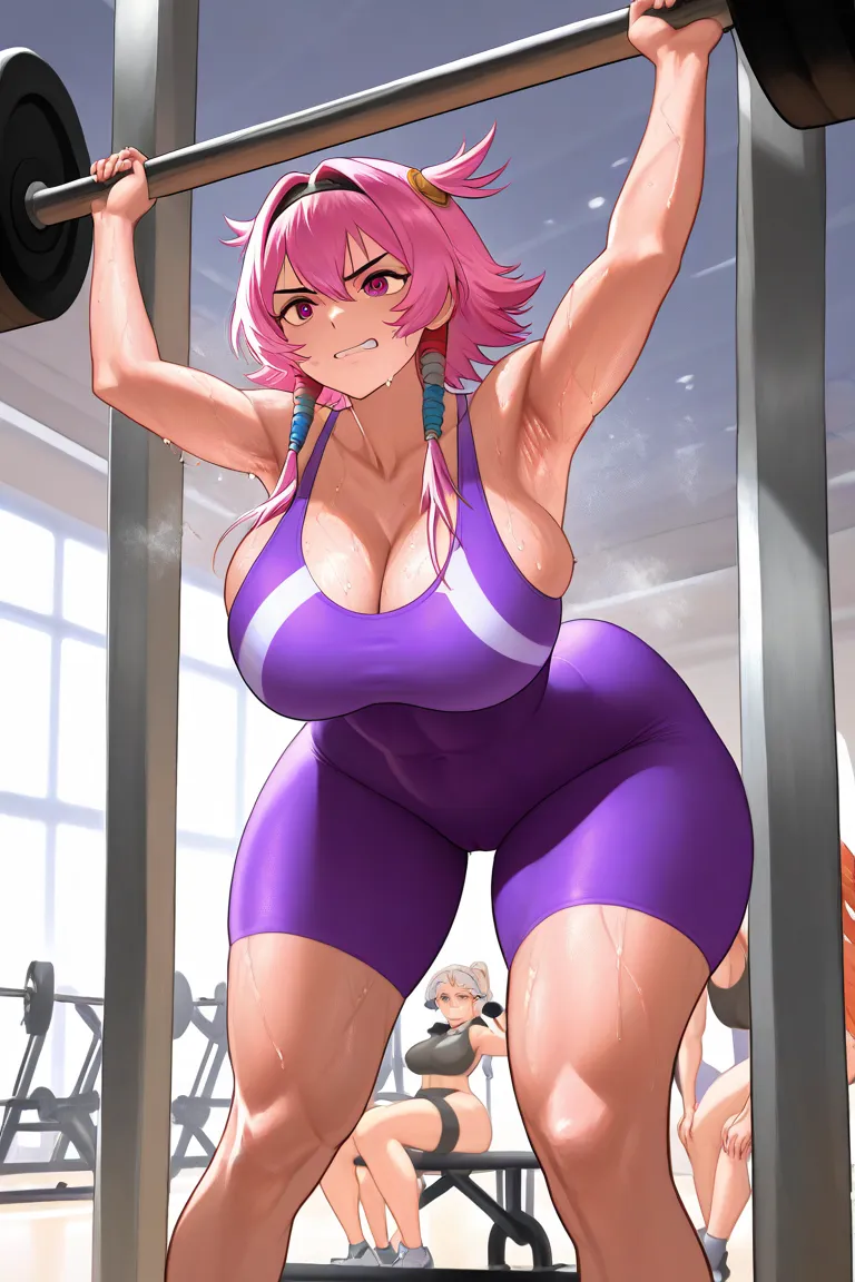 Girl in very tight exercise clothes, Very big butt and very wide hips,  Slender Body Breasts, sweaty armpits, grasa sobresaliente de la ropa,  at the gym, Face of effort, On your knees lifting bar, sweat on face, pezones resaltados, trasero mas grande, mús...