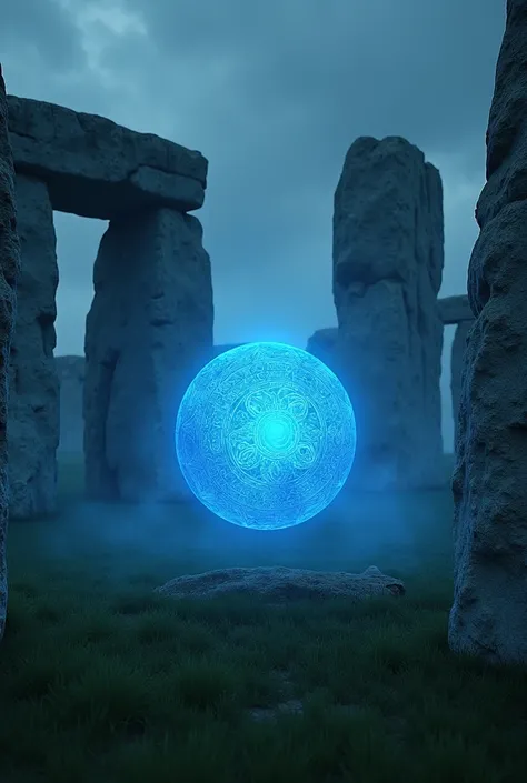 Secret of Stonehenge. The mystical stone circles of Stonehenge, floats in the middle of which is a blue, Magic sphere.