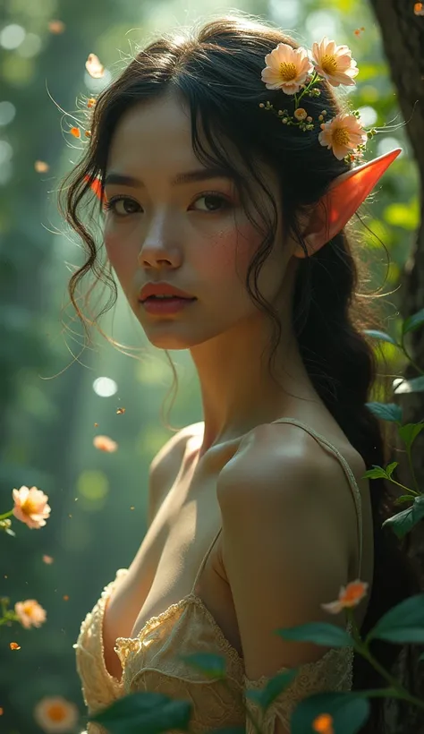 very beautiful elf goddess, Nude Pose, detailed facial features,  elegant posture , expressive look, supernatural beauty, gorgeous details, high definition, ultra realistic, hyper detail, Professional, gorgeous colors, deep light-shadow, fantastic forest s...