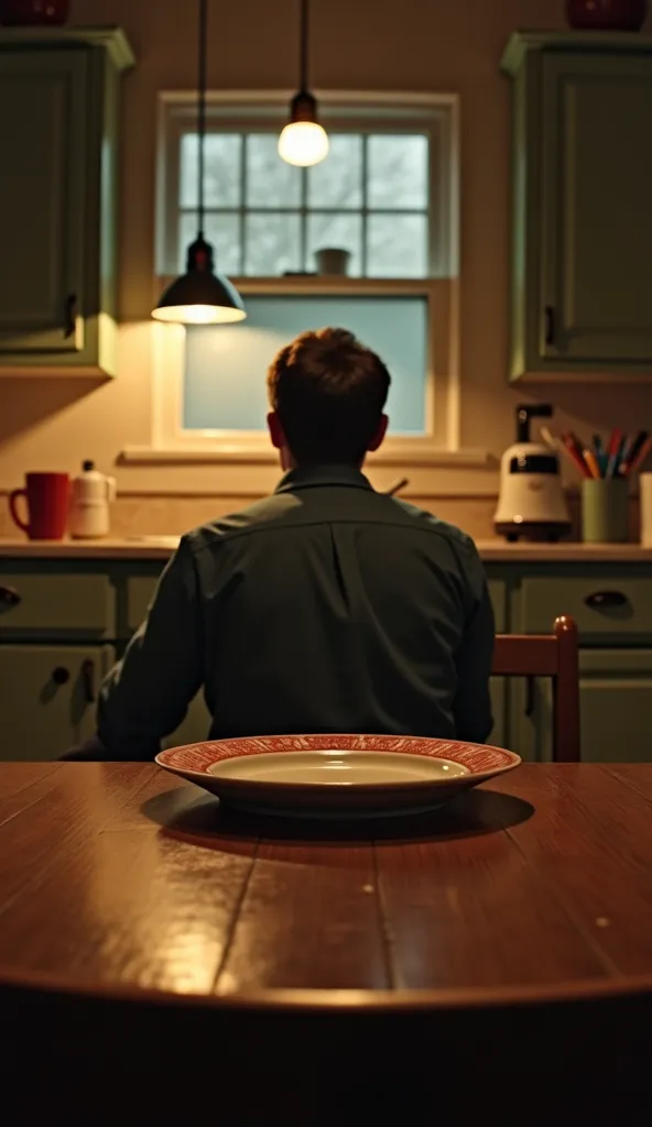 first-person perspective, (throw), I'm sitting in a kitchen in the 1950s, vintage, I see my hands and a plate in front of me,  It's nighttime, throw, 1st person.