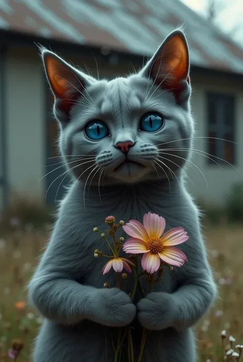 A grey cat with blue eyes crying tears out holding flowers infront of a house 