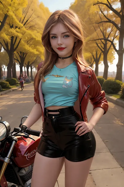 (obra maestra, t-shirt:1.2), Alone,  a girl ,  Hermosa chica adolescente 18 years old , european , caucasian , Mlp ,glow,  charming smile  , make-up , red lips , looking at the spectator, little black jacket , lindo Outfit, Outfit  , el glow de la puesta d...