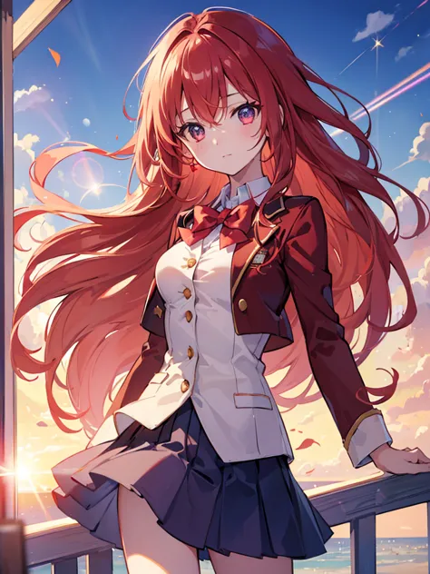 (((masterpiece))), (((best quality))),extremely detailed CG,(lens flare:1.4),(wind),tom girl,1 girl,solo focus,red short wavy hair ,light makeup,cinematic angle,Small breasts, school uniform blazer, Inside the Ferris wheel, POV