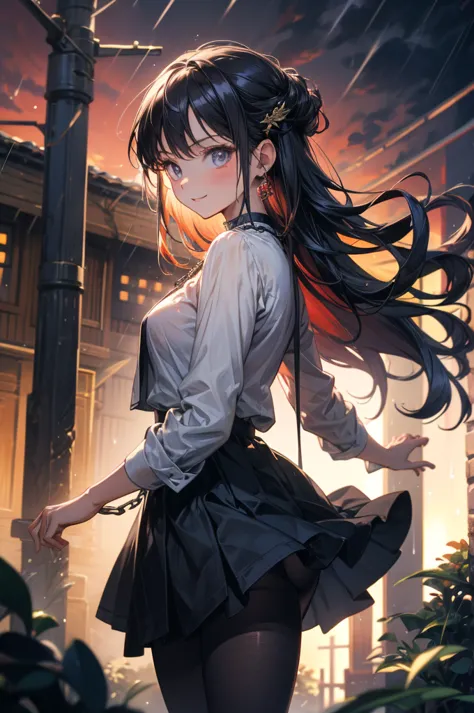  Woman. black hair. long hair. collar with chain around the neck. Madura. adult. anime. big boobs. white clothes.  black skirt. small skirt. Pantyhose all over the leg.