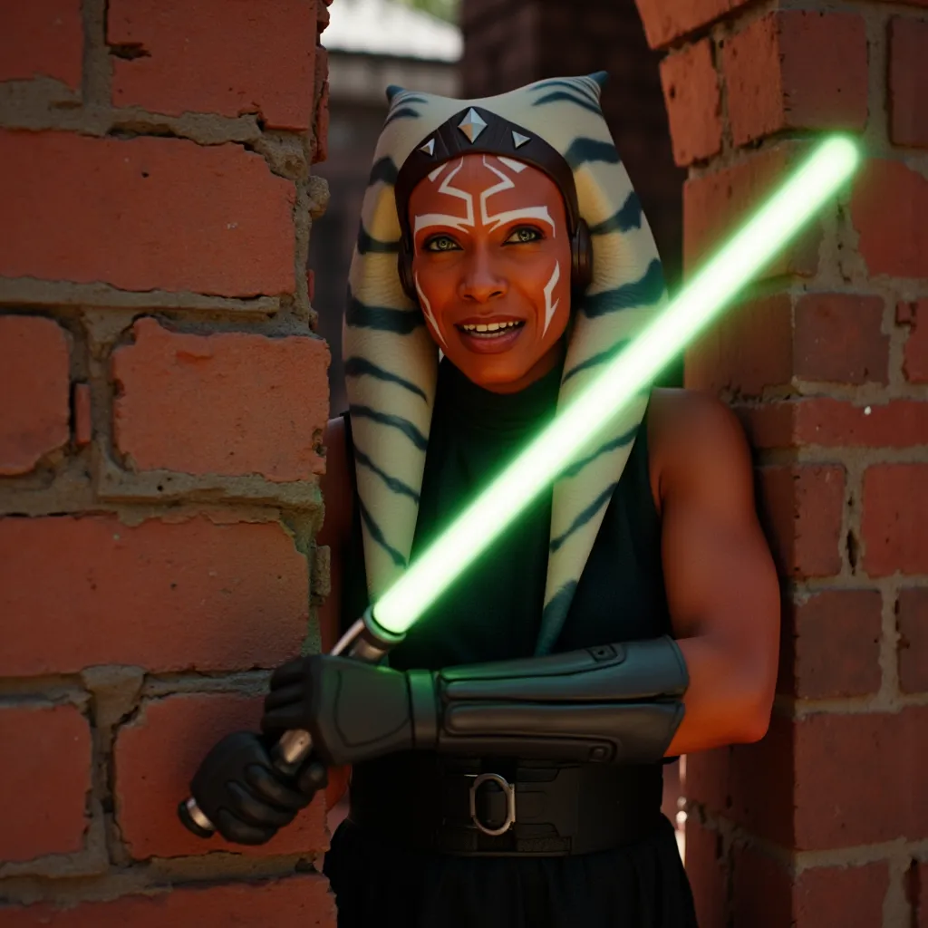 ( Masterpiece , high quality, high definition, realistic photo,  photo )  ahsoka , stand behind her brick wall, Soviet style,  Sunny, close-up, she's an angry , will grin, green lightsaber in hand!