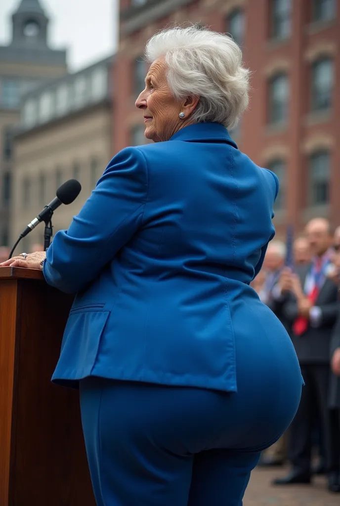 (((Huge sexy booty granny))). Big butt cheeks. In tight blue dress pants. Candid booty. Bending over podium. Giant booty is in front of camera. Slim waist. Old woman. White short hair. Gigantic butt is protruding.  Wearing blue dress coat. At a rally.