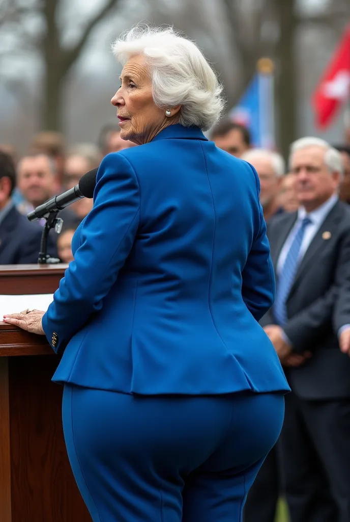 (((Huge sexy booty granny))). Big butt cheeks. In tight blue dress pants. Candid booty. Bending over podium. Giant booty is in front of camera. Slim waist. Old woman. White short hair. Gigantic butt is protruding.  Wearing blue dress coat. At a rally.