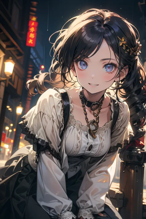  Woman. black hair. long hair. collar with chain around the neck. Madura. adult. anime. big boobs. white clothes.  black skirt. small skirt. Pantyhose all over the leg.