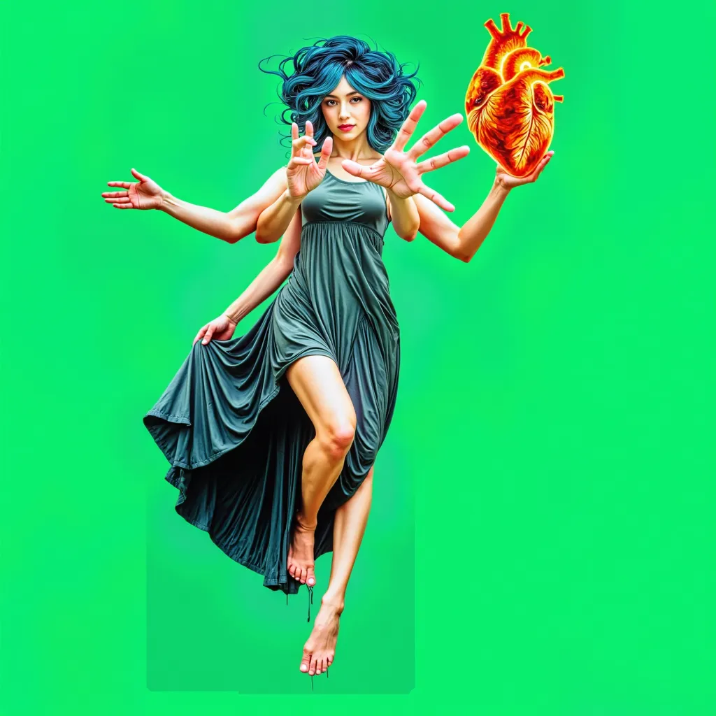 This image is a digital artwork featuring a surreal, mythological figure against a vibrant green background. The central subject is a woman with a fair complexion, wearing a flowing, dark grey dress that billows around her. Her hair is a wild tangle of blu...