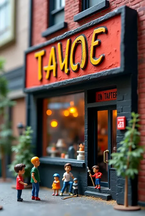 "A creative and humorous scene displaying the exterior of the tattoo shop with tiny miniature figures interacting with the shop’s signage. Some are repainting the logo with fine brushes, while others are hanging tiny banners promoting the shop. The overall...