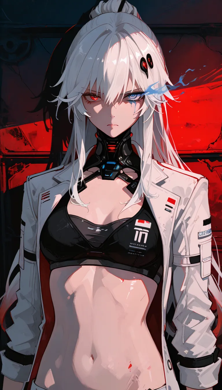  top quality , masterpiece,        748cm style       ,        1 girl,   ,       viewers,  ,      serious expression,,      Punishing Gray raven、     Lucia、     white jacket, frayed hair long hair, white hair, gradient hair, hair ornament, heterochromia, re...