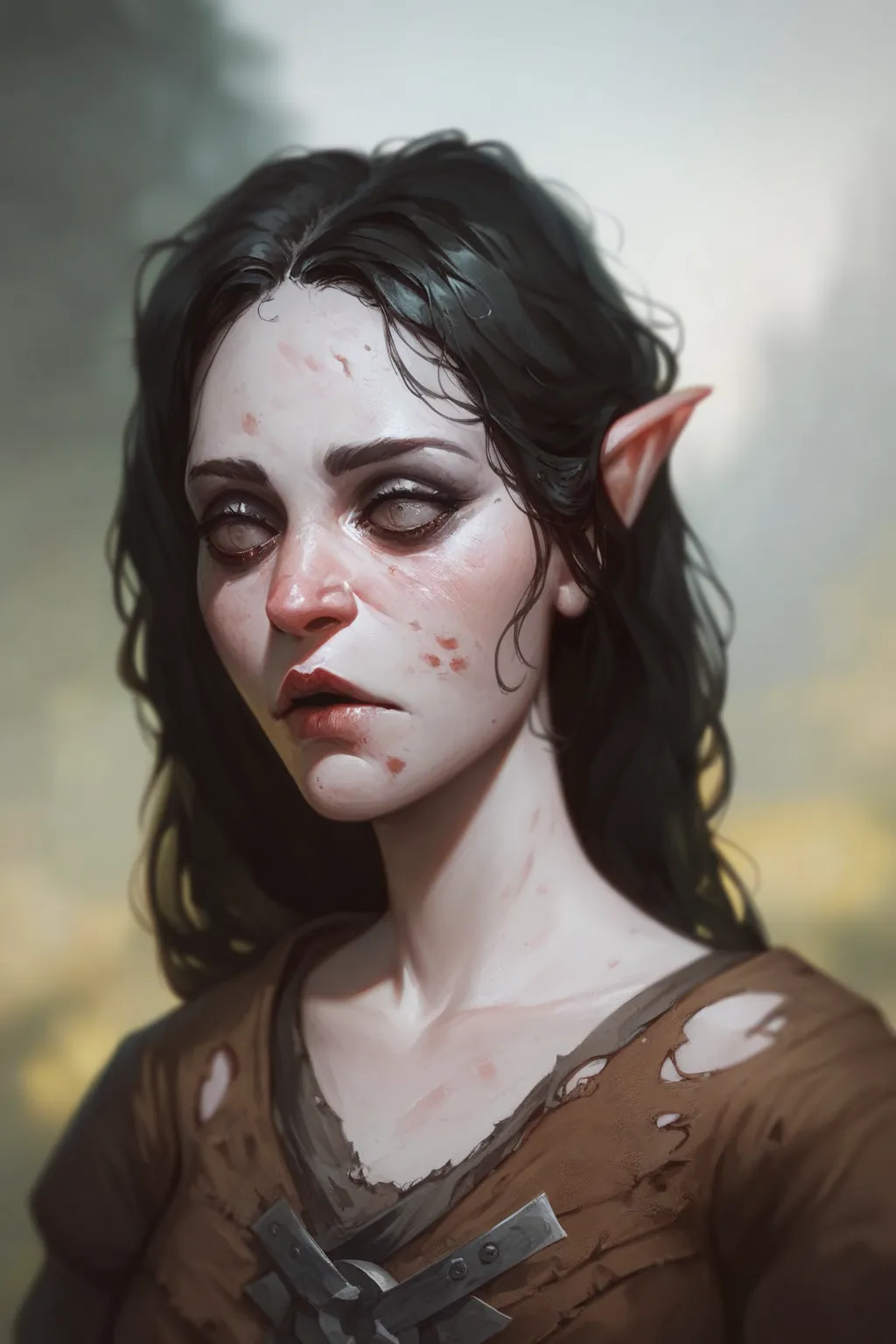   DND zombie women (empty black hollows in place of the eyes), as a background in medieval cheap torn clothes with pitchforks, the rotting face,  portrait, (very blurred background, medieval village in the background). 