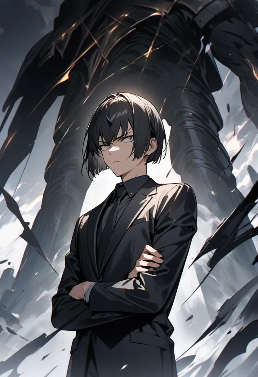 Ultra High Definition, Hi-Res, Hi-Res, Best Quality,  handsome　illustrations,  male　 expressionless, white background,  black suit, A man who seems serious, Stand with good posture, bob cut, short hair, Glaring bangs, Alone ,  cross your arms a little, sta...