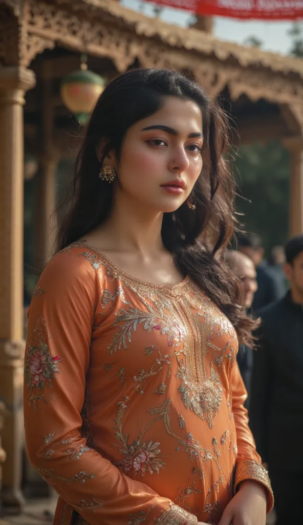 a captivating scene of a Pakistani busty, her pale skin glowing with natural beauty, (dark thick long hair), (big breasts), (modeling), (model photoshoot), standing in a Eid ceremony, She wears a fitting colorful satin shalwar kameez, , Her hips are accent...