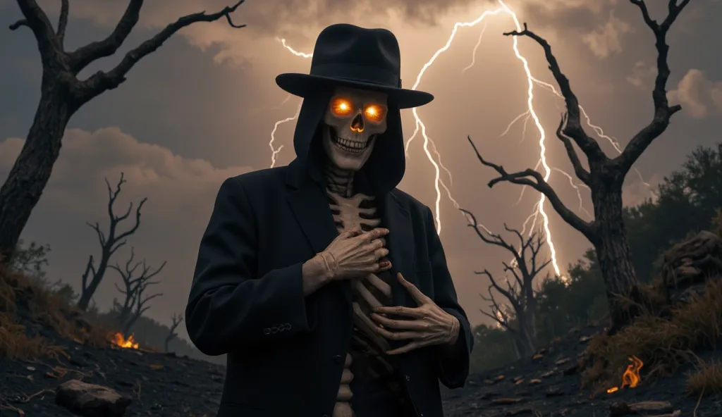 Skeleton male character wearing a smoker hat, putting on clothes, his eyes on fire, background picture, hell with trees, lightning