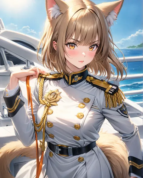 (( style:Colored pencil, Light color)), ( masterpiece:1.2), (Ultra-detailed, best quality), "An anime-style catgirl with light beige or golden brown short hair, styled with slightly longer side strands and bangs trimmed just above her eyebrows. Her amber-c...