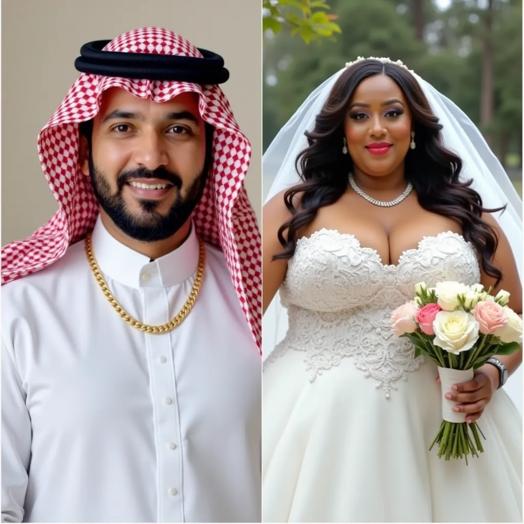 Image is a split-screen layout featuring two individuals. On the left, a man with a medium skin tone is wearing a traditional Middle Eastern attire, including a red and white checkered keffiyeh and a white thobe. He has a well-groomed beard and is adorned ...