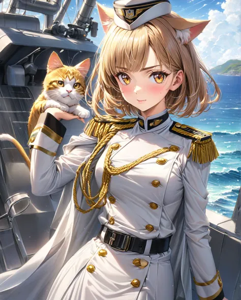 (( style:Colored pencil, Light color)), ( masterpiece:1.2), (Ultra-detailed, best quality), "An anime-style catgirl with light beige or golden brown short hair, styled with slightly longer side strands and bangs trimmed just above her eyebrows. Her amber-c...