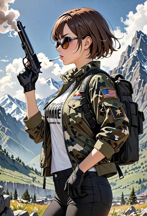 1girl, medium breasts, close up, short hair, spiky hair, brown hair, sunglasses, holding pistol, smoking pistol, blowing smoke, tight, camouflage jacket, (opened jacket) , military tshirt, black pants, black gloves, dinamic pose, veteran, soldier, looking ...