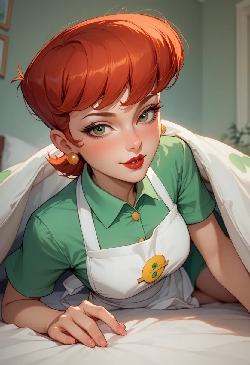 Dexter Mother de la caricatura "Dexter Laboratory", short hair , Red hair,  green shirt, white apron, lying on a bed, with a blushed blanket,  POV across bed / Bed invitation, behind the spectator, 