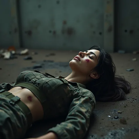 A sergeant military woman with tactical bra,tactical pants and military jacket laying dead with gunshots wounds on her body,her eyes closed stiff 