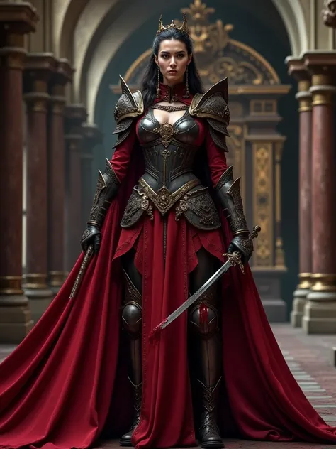 Create an image of a beautiful yet evil warrior queen. She is clad in ornate, crimson-colored armor that reflects a sinister aura. A dark steel breastplate peeks through, adding to her imposing presence. A long, blood-red cape billows dramatically behind h...