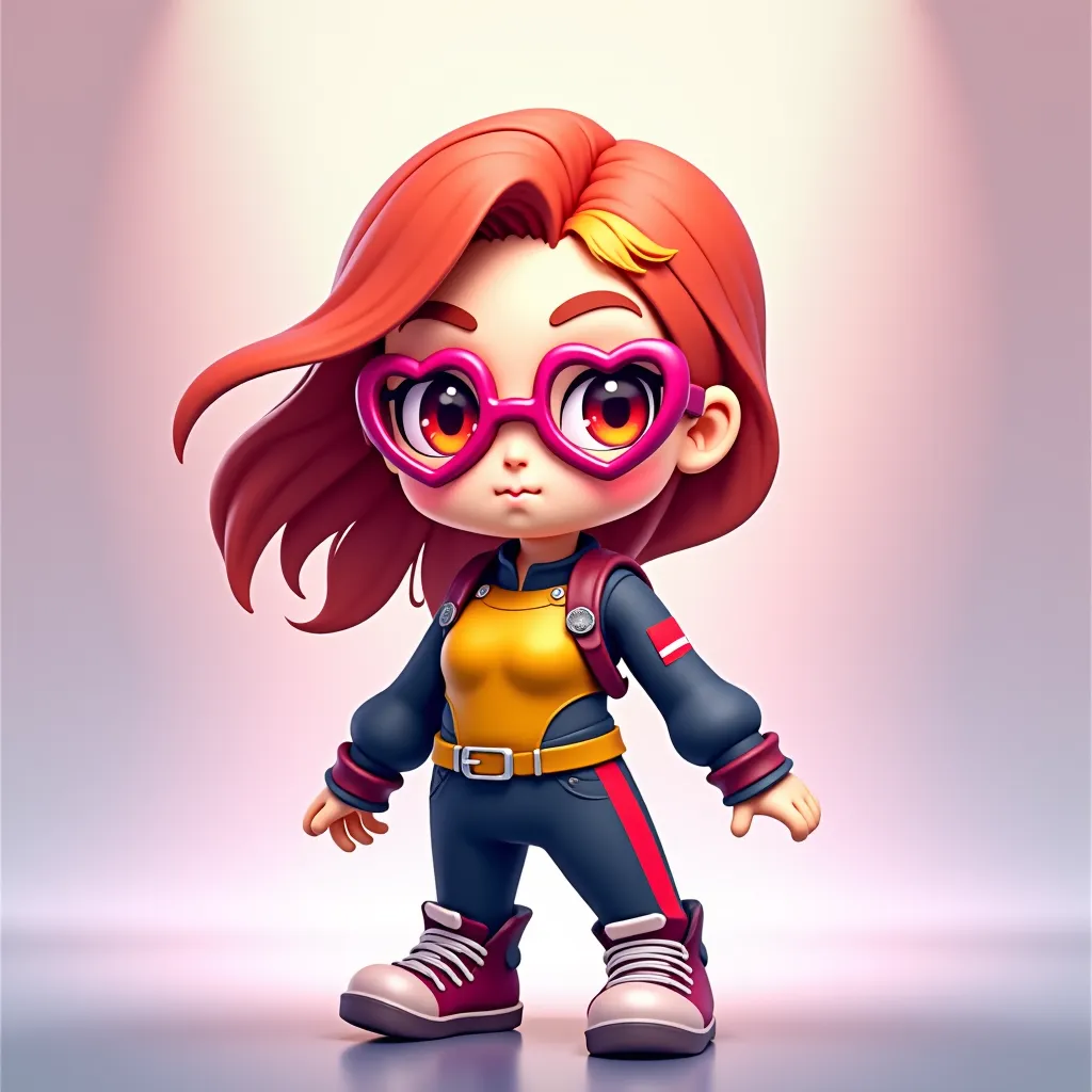 Cute girl game free fire with red hair, With the heart-shaped glasses and with the red eye, The yellow breastplate with red stripe top with pink and white background 