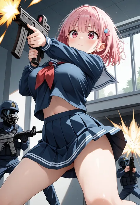 masterpiece, best quality, amazing quality, very aesthetic, absurdres, cute face, slender, detailed eyes, detailed hair, 
BREAK 
1girl,real skin,very cute face,tareme,(large breasts:1.1),pink hair,
BREAK 
((school uniform,navy serafuku):1.0),navy shirt,nav...