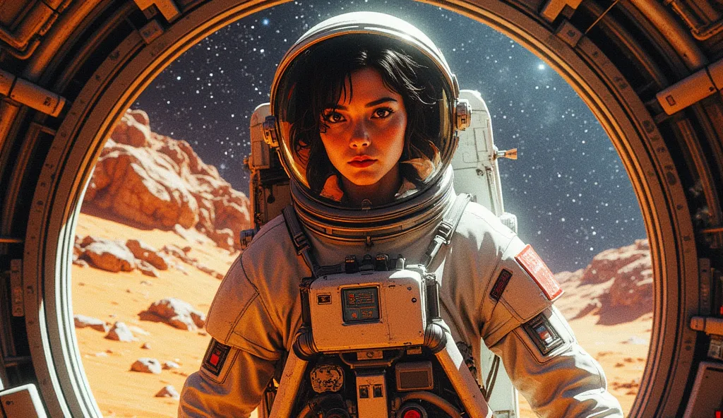 A highly detailed 3D CGI representation of a young astronaut with dark hair, Wearing a spacesuit. She is inside a spaceship or on the surface of a planet,  with a determined expression , Ready for exploration. The scene is realistic, with realistic texture...