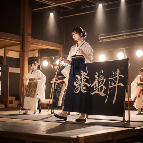 Calligraphy Performances Women Writing Large Calligraphy at Koshien、Makeup,gorgeous, Traditional Outfit ,On stage,In front of an audience,Intensive Expressions,Expertise,Hi-Res,4K,HDR,Superb texture,STUDIO LIGHTING,realistic,Delicate brushwork,Traditional ...