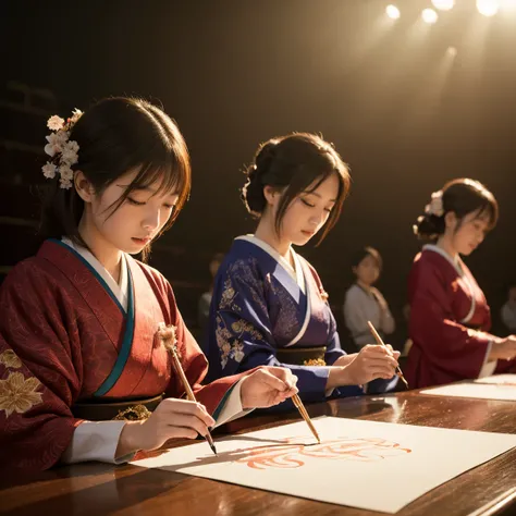 Calligraphy Performances Women Writing Large Calligraphy at Koshien、Makeup,gorgeous, Traditional Outfit ,On stage,In front of an audience,Intensive Expressions,Expertise,Hi-Res,4K,HDR,Superb texture,STUDIO LIGHTING,realistic,Delicate brushwork,Traditional ...