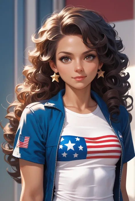 america chavez, a ager with an athletic figure, dark-skinned hair, hurt, long hair, long curly black color.  brown eyes , wearing a blue t-shirt with a red and white star on the chest and a bluejean jacket

anime cartoon style
