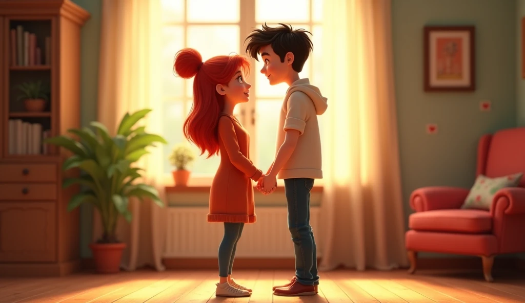 A couple is standing next to each other, The woman is a redhead and the man has dark hair,  they are standing ,  in the living room , Stepping on a wooden floor,  Pixar style