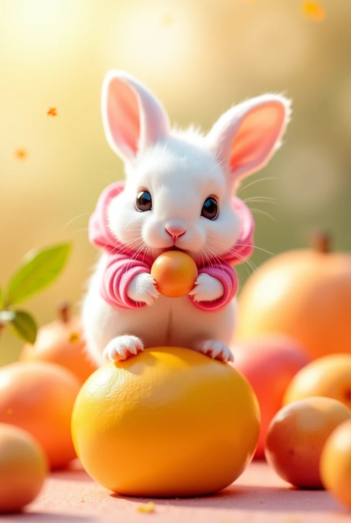 Ultra high-resolution, hyper-realistic scene: A small, adorable white bunny sits on top of a large fruit, wearing a pink hooded sweatshirt. The bunny has big, bright eyes and happily bites into a tiny fruit in its paws—except instead of regular fruit, all ...