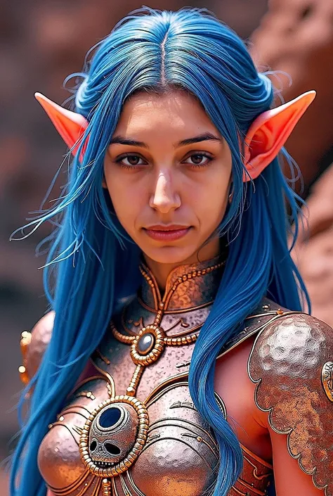 A 16-year-old newt, with pearlescent coral skin with a subtle metallic sheen. Her eyes are an intense lapis lazuli blue reflecting a curious and determined look.  her hair is long , smooth and silky, starting in a coral tone at the root and gently degradin...